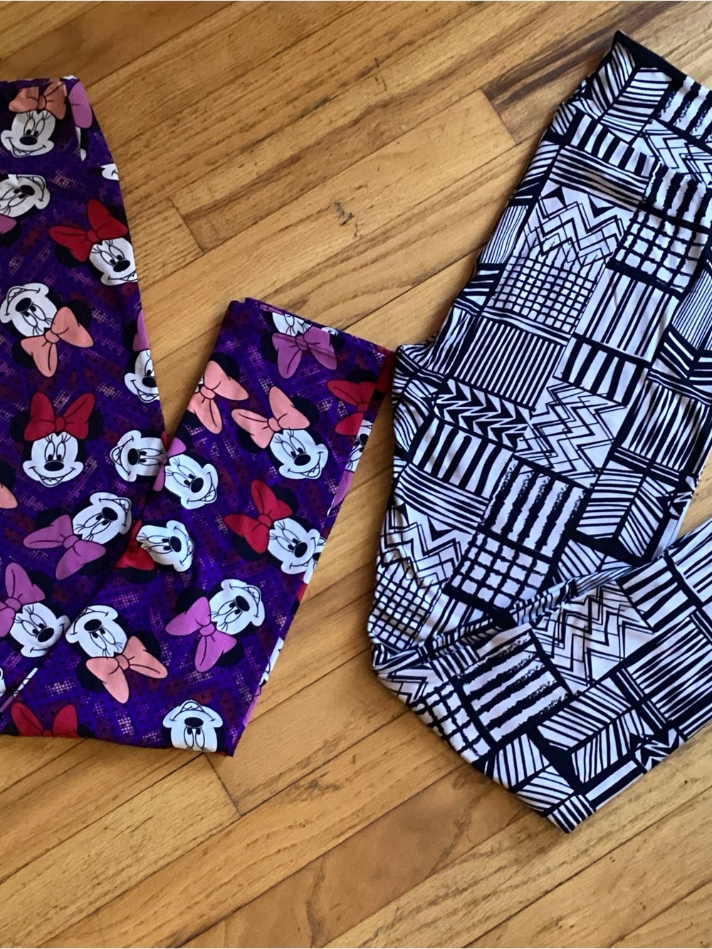 L13 LuLaRoe Purple Minnie Mouse & Black White Geometric Leggings Pair